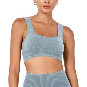 Women's Stone Washing Coast Line Square Neck Low Back Ribbed Cropped Sports Bra